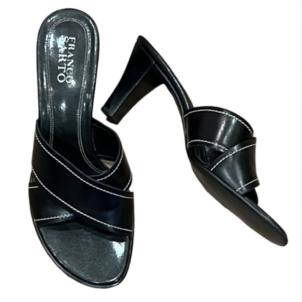 Franco Sarto Black Crossover Strap Sandals Heel 8.5M Timeless Classic Y2K